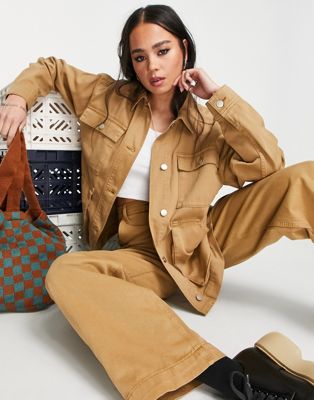 Topshop co-ord oversized utility shacket with front pockets in camel - ASOS Price Checker