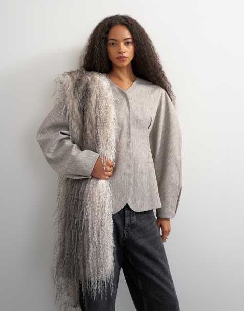 Topshop co ord ovoid sleeve collarless blazer in taupe marl - view 1