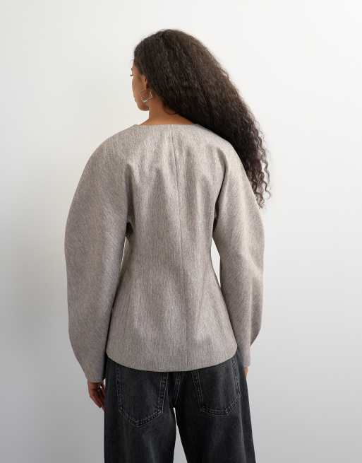 Topshop co ord ovoid sleeve collarless blazer in taupe marl, 2 of 4