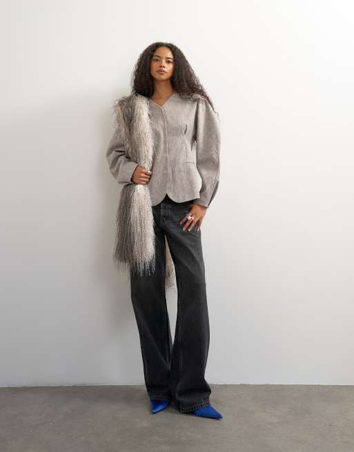 Topshop co ord ovoid sleeve collarless blazer in taupe marl, 3 of 4
