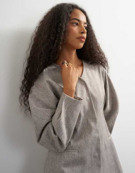Topshop co ord ovoid sleeve collarless blazer in taupe marl, 4 of 4