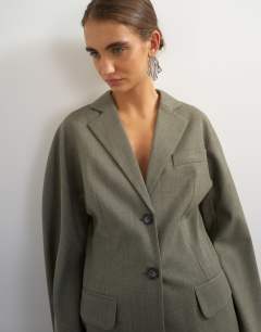 Model wearing Co ord ovoid sleeve soft silhouette blazer