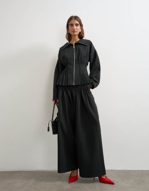 Topshop co-ord pantaloni ampi con pieghe neri - view 1