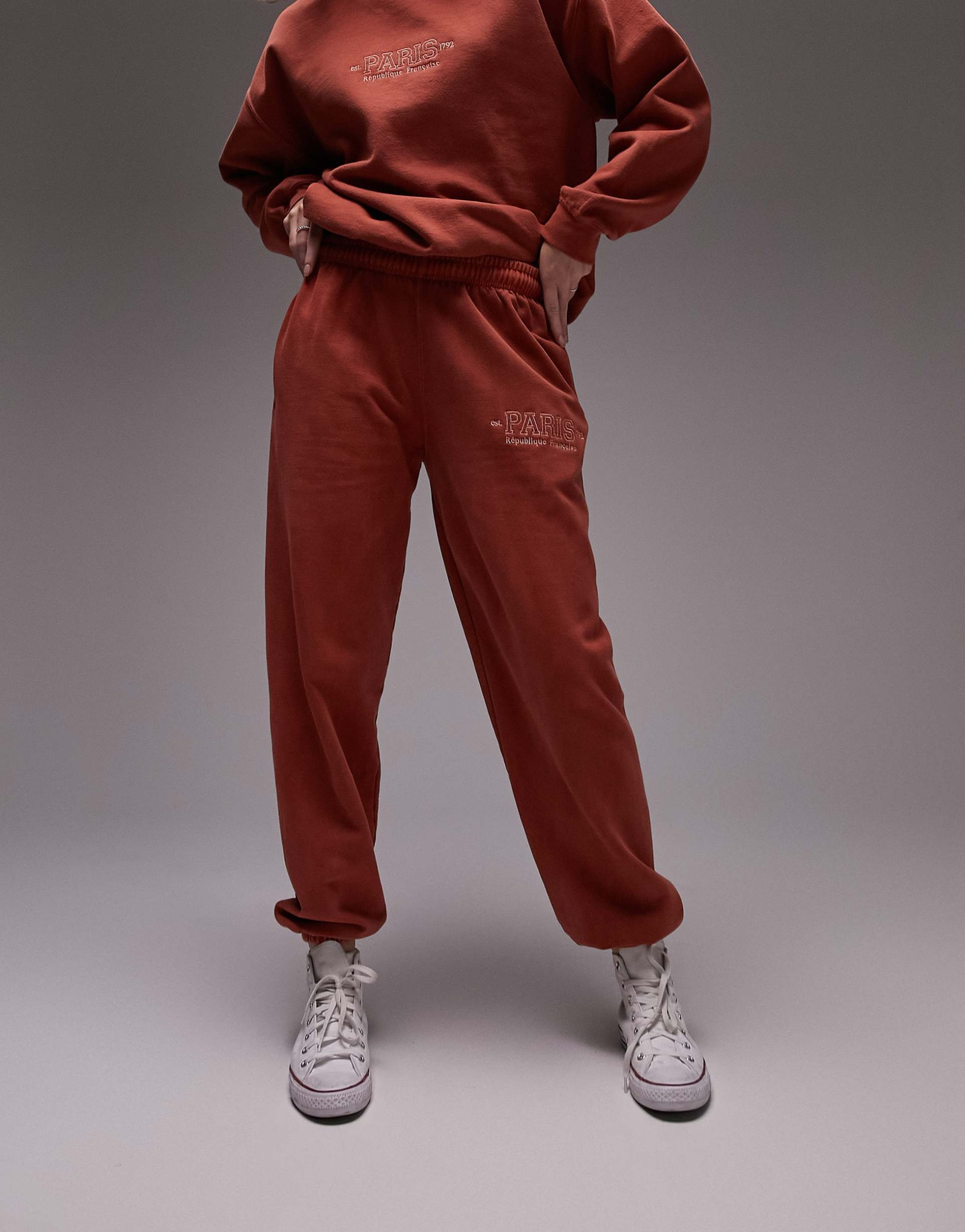 Topshop co-ord paris embroidered vintage wash oversized cuffed jogger in orange view 2