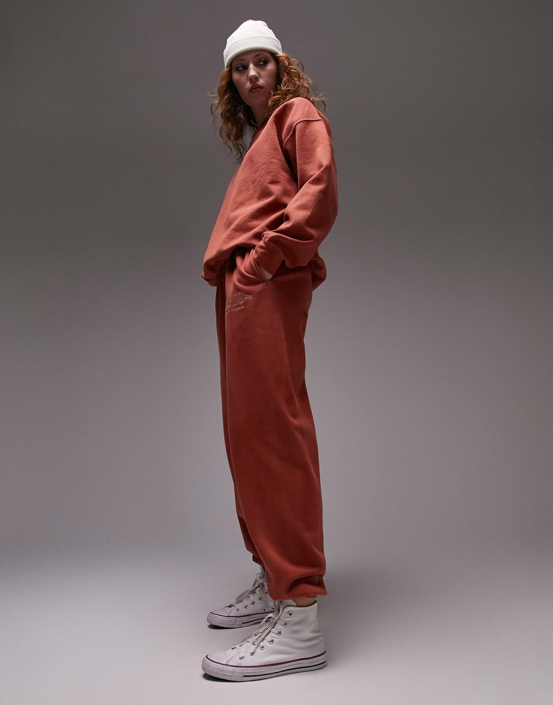 Topshop co-ord paris embroidered vintage wash oversized cuffed jogger in orange