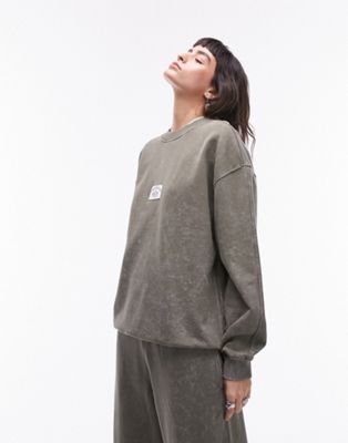Topshop co-ord patch oversized vintage wash sweat in khaki