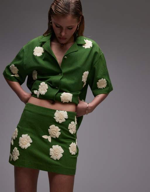 Topshop co-ord pelmet skirt in green with raffia flowers, 3 of 5