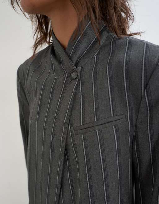 Topshop co-ord pinstripe high break blazer in grey, 3 of 4