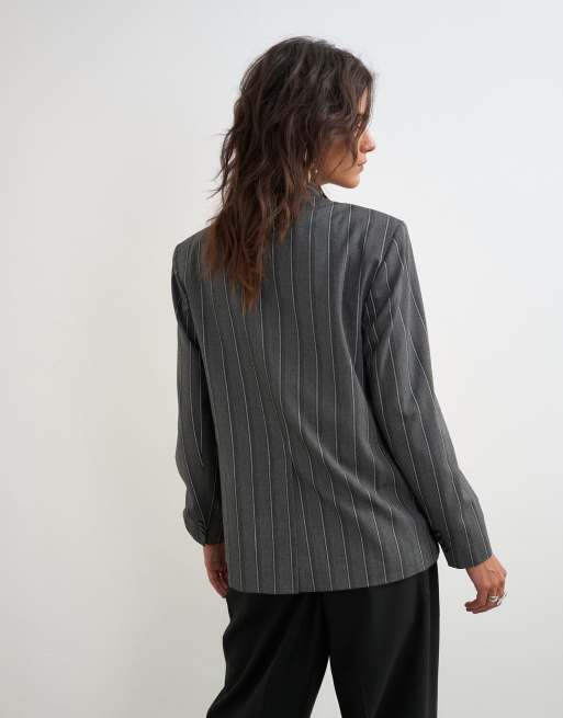 Topshop co-ord pinstripe high break blazer in grey, 4 of 4