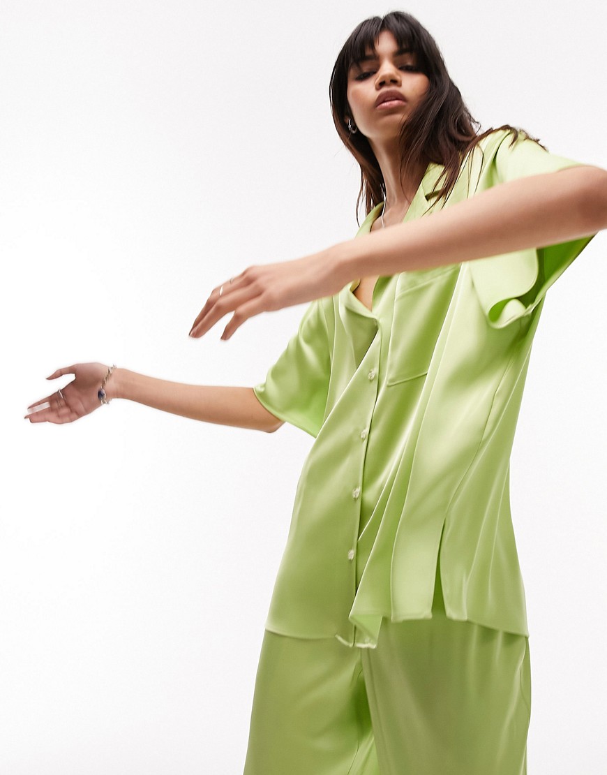 Topshop co-ord pj style satin shirt in lime-Green