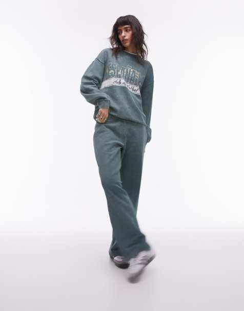 Topshop co-ord plain straight leg jogger in dark green - view 1