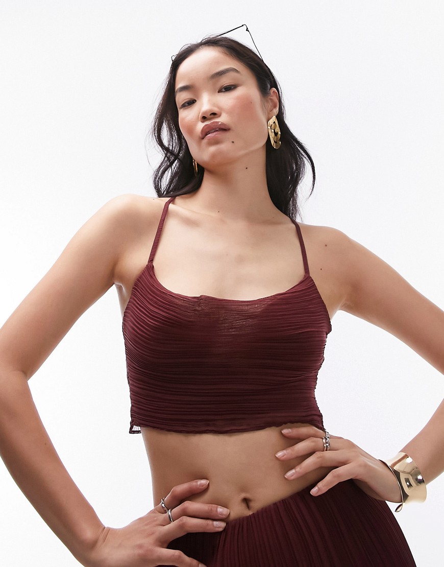 Topshop co-ord plisse cowl cropped cami in maroon-Red
