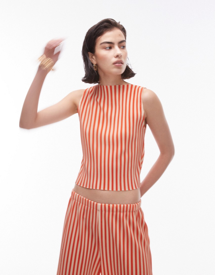 Topshop co ord plisse stripe high neck top in red