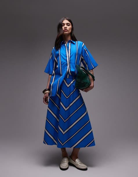 Topshop co-ord poplin chevron stripe full skirt in bold blue and ivory stripe - view 1