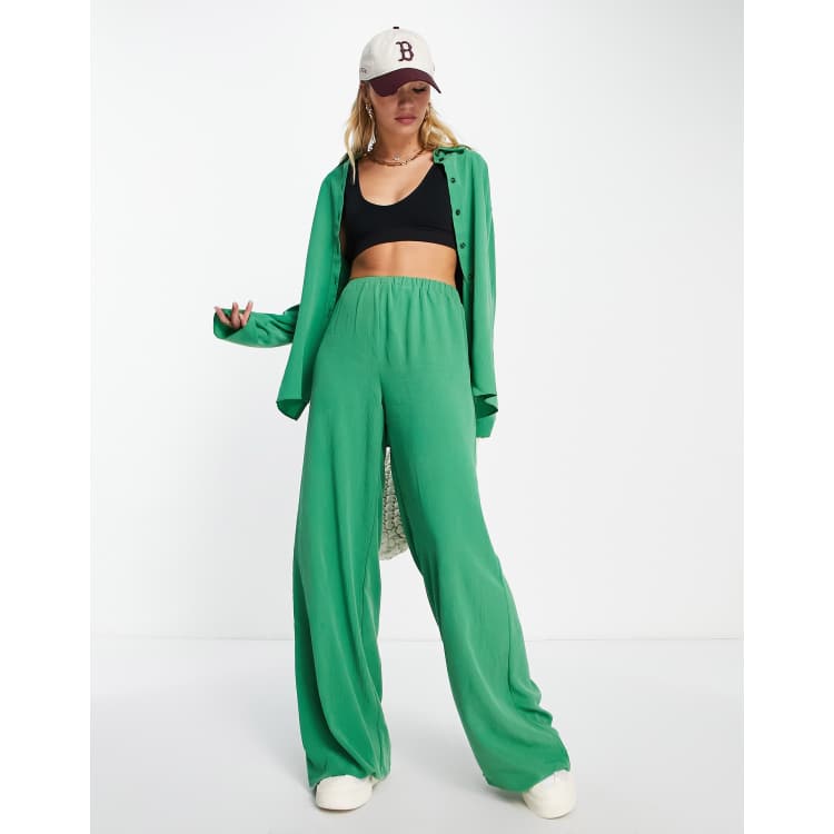 Topshop co-ord premium brushed crinkle wide leg trouser in green