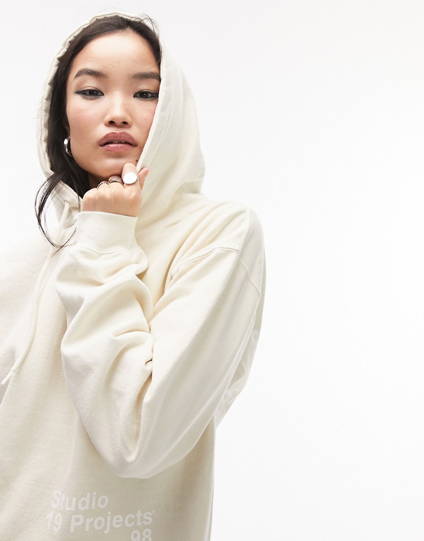 Topshop co ord premium graphic studio oversized hoodie in oat marl-White