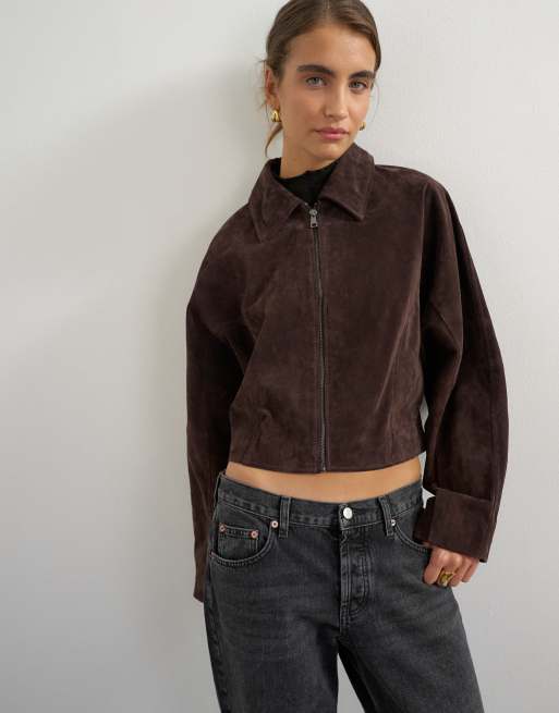 Topshop co-ord Premium jakke i ægte ruskind i brun, 4 af 4