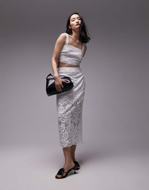 Topshop co-ord premium lace detail midi skirt in ivory - view 1