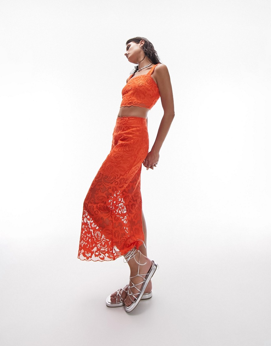 Topshop co-ord premium lace detail midi skirt in orange-Brown