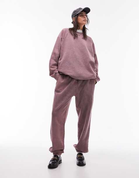 Topshop co ord premium longline acid wash sweat in pink - view 1