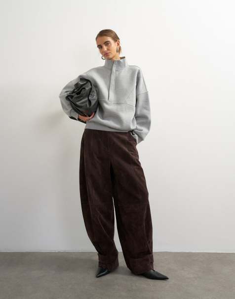 Topshop co-ord premium pantaloni bombati in vera pelle scamosciata marroni - view 1