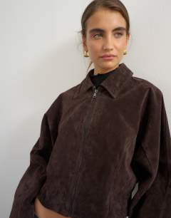 Model wearing Co-ord premium real suede jacket in brown