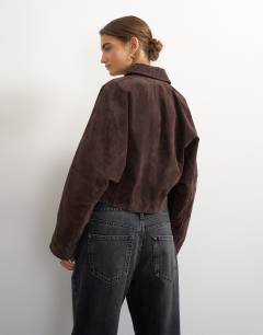 Model wearing Co-ord premium real suede jacket in brown