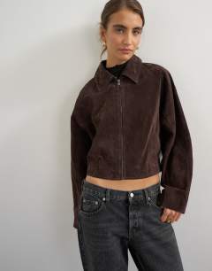 Model wearing Co-ord premium real suede jacket in brown