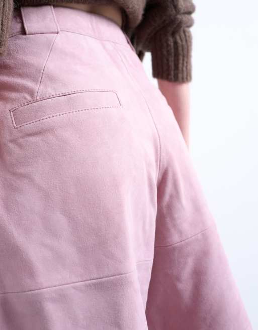 Topshop co ord premium real suede longline shorts in pink, 4 of 5