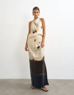Co-ord printed satin column maxi skirt in abstract print