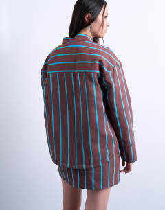 Model wearing Co-ord quilted oversized stripe shirt