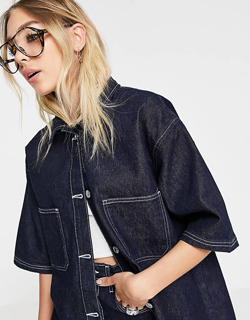 Topshop Co ord raw recycled cotton denim shirt