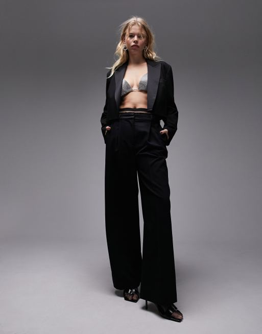 Topshop co ord raw hem tuxedo cropped blazer in black