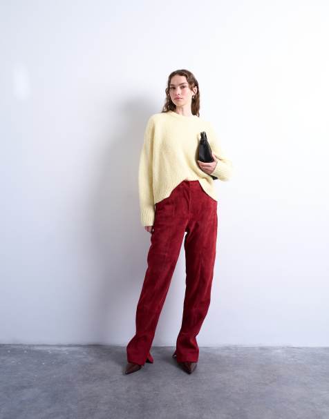 Topshop co ord real suede flare trousers in red - view 1