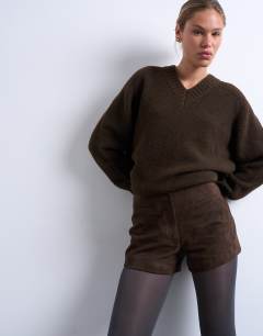Model wearing Co ord real suede mini shorts in chocolate