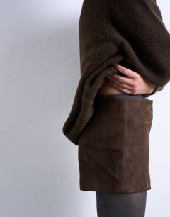 Model wearing Co ord real suede mini shorts in chocolate