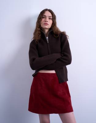 Topshop Women's Burgundy Co-Ord Real Suede Mini Skirt In -Red