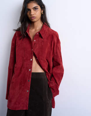 Topshop Women's Burgundy Co-Ord Real Suede Shirt In -Red