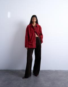 Model wearing Co-ord real suede shirt in burgundy