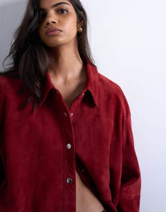 Model wearing Co-ord real suede shirt in burgundy