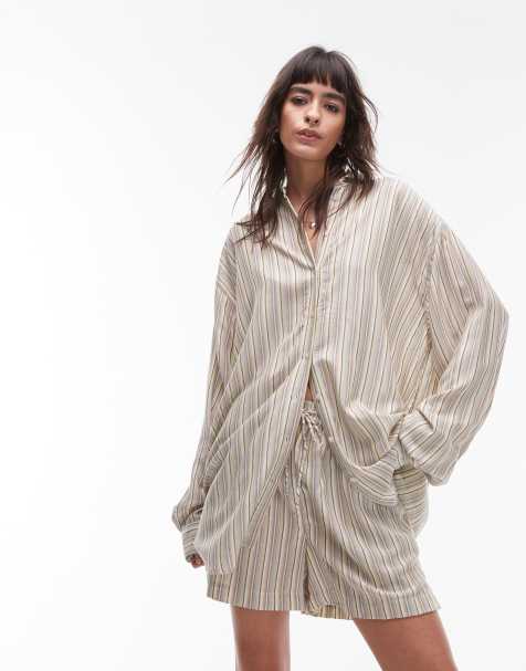 Topshop co-ord relaxed slubby shirt in green stripe - view 1