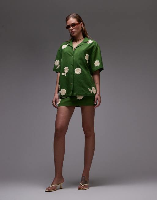 Topshop co-ord resort shirt in green with raffia flowers, 3 of 5