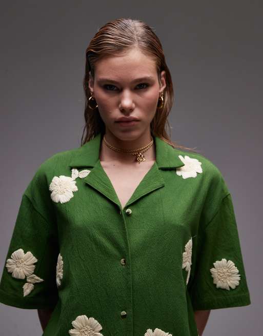 Topshop co-ord resort shirt in green with raffia flowers, 4 of 5