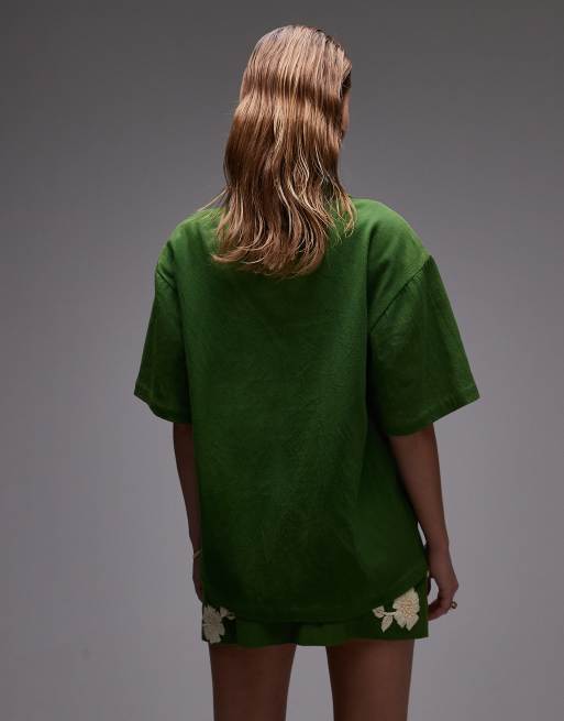 Topshop co-ord resort shirt in green with raffia flowers, 5 of 5