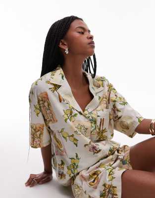 Topshop co ord resort shirt in lemon print-Multi