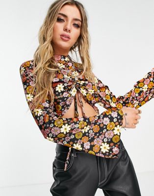 Topshop co-ord retro floral ruched crop in multi
