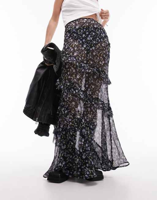 Topshop co ord ruffle sheer midi skirt in blue ditsy floral