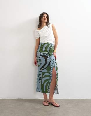 Co ord sarong maxi skirt in blue abstract leaf print