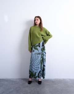 Co ord sarong maxi skirt in blue abstract leaf print
