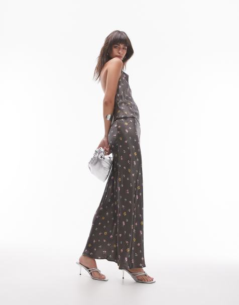 Topshop co-ord Satin bias Maxi skirt in vintage floral in washed black - view 1
